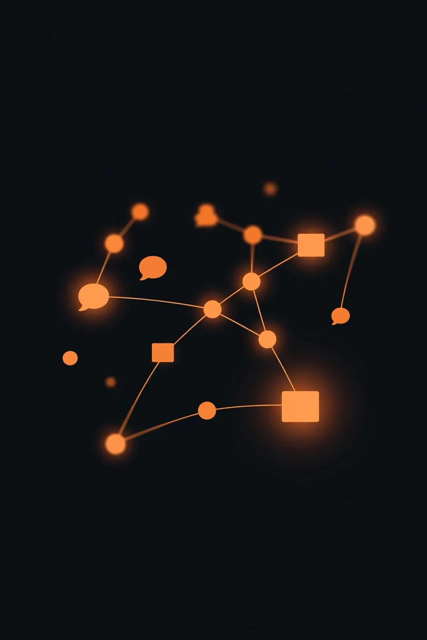 Glowing orange agent network with chat bubbles representing an AI operations team