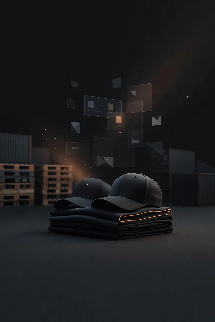 Custom caps and apparel with a product-configurator interface and supply-chain backdrop